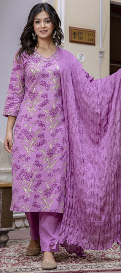 Festive, Reception, Summer Purple and Violet color Salwar Kameez in Cotton fabric with Straight Embroidered, Floral, Printed, Resham, Thread work : 1960567