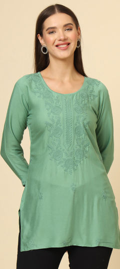 Green color Kurti in Rayon fabric with Embroidered, Thread work