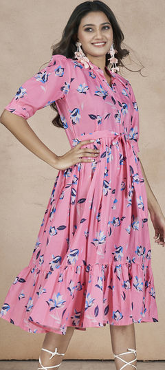 Party Wear Pink and Majenta color Dress in Cotton fabric with Digital Print work : 1960613