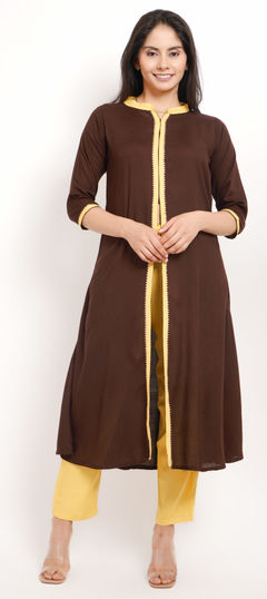 Summer Beige and Brown color Salwar Kameez in Rayon fabric with Lace work : 1960623