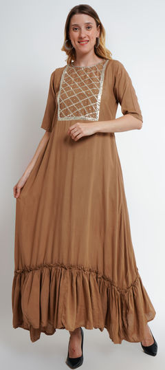 Summer Beige and Brown color Salwar Kameez in Rayon fabric with Gota Patti, Lace work : 1960624