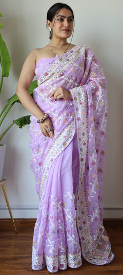 Purple and Violet color Saree in Organza Silk fabric with Embroidered, Resham, Stone, Thread work