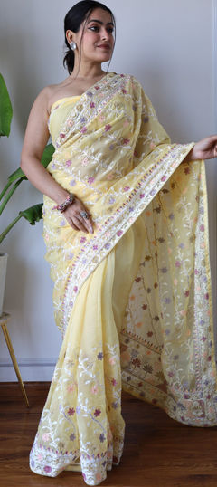 Yellow color Saree in Organza Silk fabric with Embroidered, Resham, Stone, Thread work