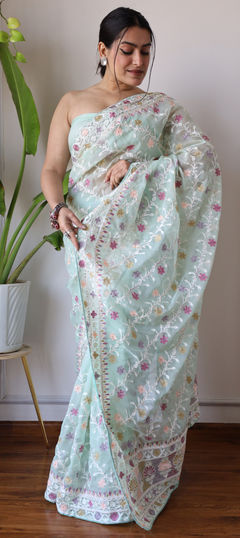 Green color Saree in Organza Silk fabric with Embroidered, Resham, Stone, Thread work