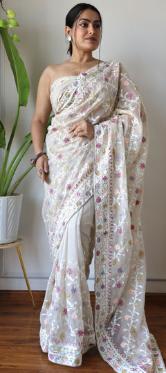 White and Off White color Saree in Organza Silk fabric with Embroidered, Resham, Stone, Thread work