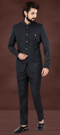 Black and Grey color Jodhpuri Suit in Rayon fabric with Broches work