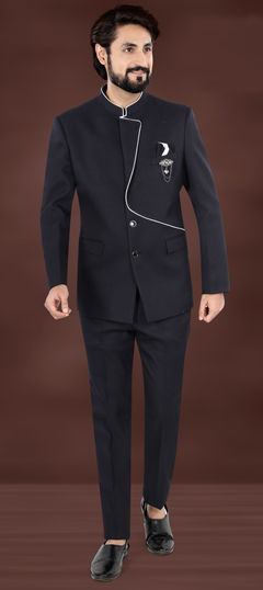 Black and Grey color Jodhpuri Suit in Rayon fabric with Broches work