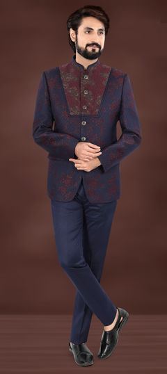 Blue color Jodhpuri Suit in Jacquard fabric with Printed work