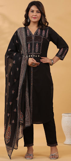 Black and Grey color Salwar Kameez in Cotton fabric with Bugle Beads, Printed, Sequence, Thread work