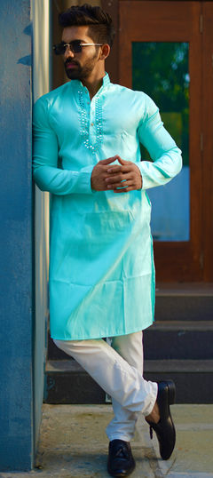 Blue color Kurta Pyjamas in Silk fabric with Mirror work