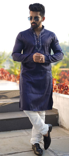 Blue color Kurta Pyjamas in Silk fabric with Mirror work