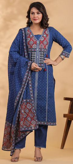 Blue, Red and Maroon color Salwar Kameez in Cotton fabric with Printed work