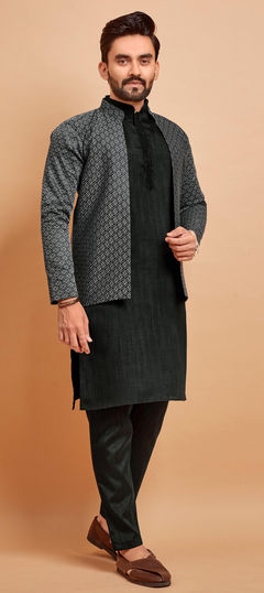 Black and Grey color Kurta Pyjama with Jacket in Silk fabric with Thread work