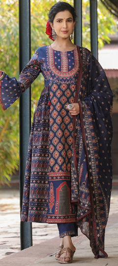 Blue color Salwar Kameez in Cotton fabric with Bugle Beads, Printed, Sequence work