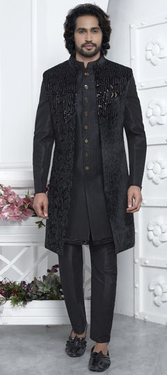 Black and Grey color IndoWestern Dress in Velvet fabric with Embroidered, Sequence, Thread work