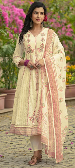 White and Off White color Salwar Kameez in Cotton fabric with Embroidered, Foil Print, Mirror, Resham, Thread work