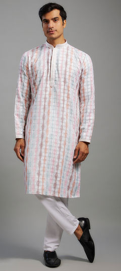 White and Off White color Kurta Pyjamas in Cotton fabric with Digital Print, Embroidered, Sequence work