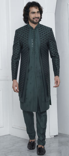 Green color IndoWestern Dress in Art Silk fabric with Embroidered, Sequence, Thread work