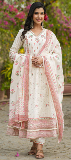 White and Off White color Salwar Kameez in Cotton fabric with Embroidered, Printed, Resham, Sequence, Thread work