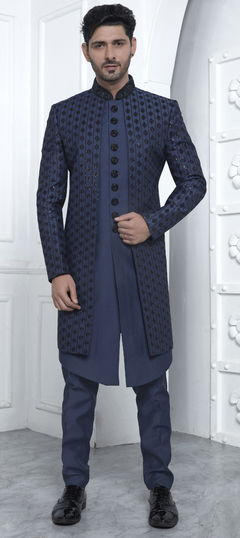 Blue color IndoWestern Dress in Art Silk fabric with Embroidered, Sequence, Thread work