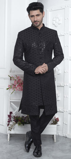Black and Grey color Sherwani in Art Silk fabric with Embroidered, Sequence, Thread work