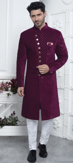 Purple and Violet color Sherwani in Velvet fabric with Embroidered, Sequence, Thread work