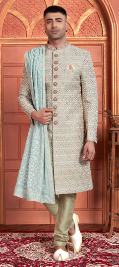 Green color Sherwani in Faux Georgette fabric with Embroidered, Resham, Stone, Thread work