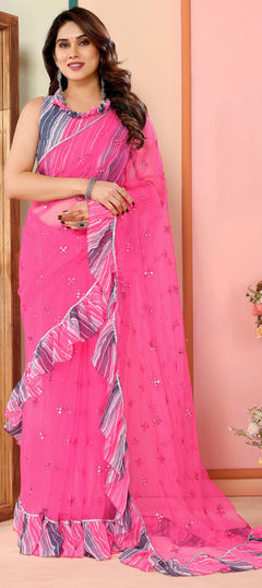 Festive, Party Wear Pink and Majenta color Saree in Net fabric with Classic, Ruffle Lehariya, Mirror, Printed work : 1960748