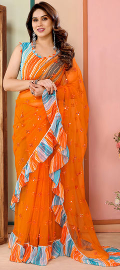 Festive, Party Wear Orange color Saree in Net fabric with Classic, Ruffle Lehariya, Mirror, Printed work : 1960751