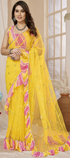 Festive, Party Wear Yellow color Saree in Net fabric with Classic, Ruffle Lehariya, Mirror, Printed work : 1960752