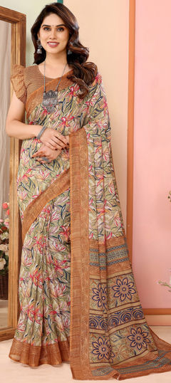 Festive, Traditional Beige and Brown color Saree in Kota Doria Silk fabric with Bengali Printed work : 1960753