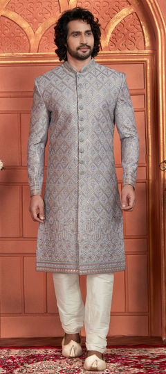 Black and Grey color Sherwani in Art Silk fabric with Bugle Beads, Embroidered, Resham, Sequence, Thread work