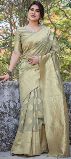 Party Wear, Traditional Green color Saree in Chanderi Silk fabric with South Weaving, Zari work : 1960773