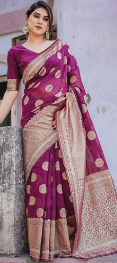 Party Wear, Traditional Purple and Violet color Saree in Chanderi Silk fabric with South Weaving, Zari work : 1960774