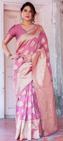 Party Wear, Traditional Pink and Majenta color Saree in Chanderi Silk fabric with South Weaving, Zari work : 1960776