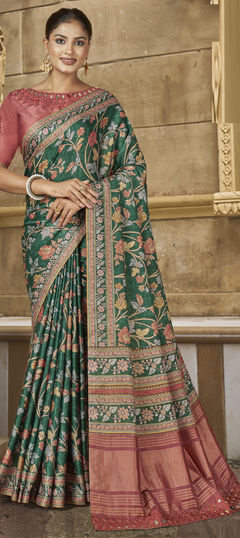 Multicolor color Saree in Silk fabric with Floral, Mirror, Printed, Thread work