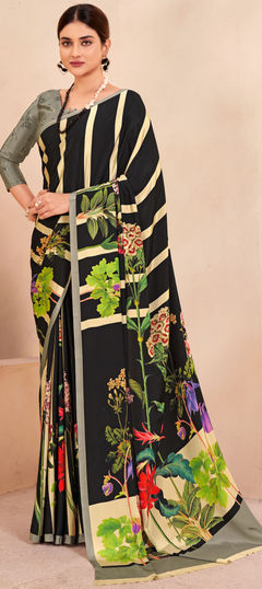 Black and Grey color Saree in Crepe Silk fabric with Digital Print, Floral work