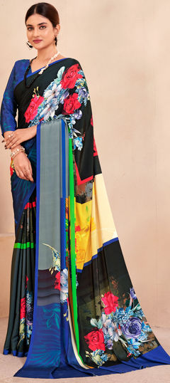 Blue color Saree in Crepe Silk fabric with Digital Print, Floral work