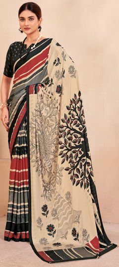 White and Off White color Saree in Crepe Silk fabric with Digital Print, Floral work