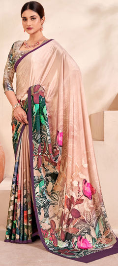 Beige and Brown color Saree in Crepe Silk fabric with Digital Print, Floral work