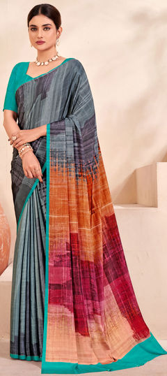 Black and Grey color Saree in Crepe Silk fabric with Digital Print work