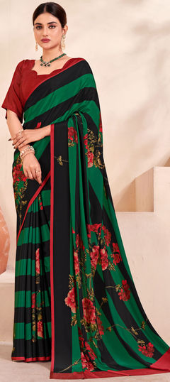 Green color Saree in Crepe Silk fabric with Digital Print, Floral work