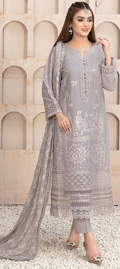 Black and Grey color Salwar Kameez in Faux Georgette fabric with Embroidered, Thread work