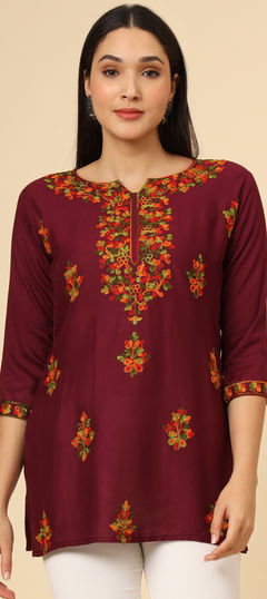 Red and Maroon color Kurti in Rayon fabric with Embroidered, Resham, Thread work