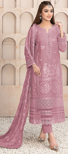 Pink and Majenta color Salwar Kameez in Faux Georgette fabric with Embroidered, Thread work
