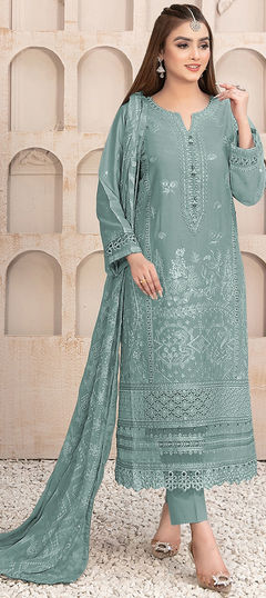 Green color Salwar Kameez in Faux Georgette fabric with Embroidered, Thread work