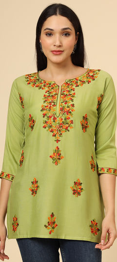 Green color Kurti in Rayon fabric with Embroidered, Resham, Thread work