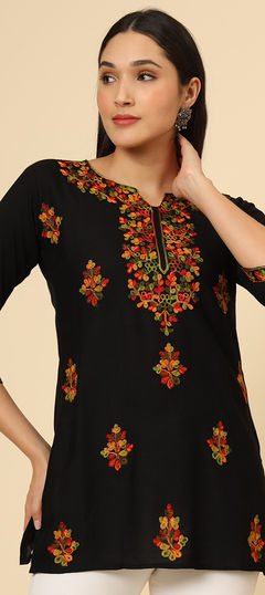 Black and Grey color Kurti in Rayon fabric with Embroidered, Resham, Thread work