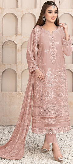 Beige and Brown color Salwar Kameez in Faux Georgette fabric with Embroidered, Thread work