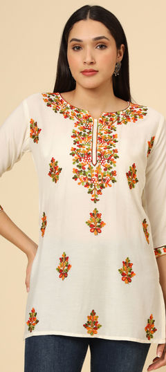 White and Off White color Kurti in Rayon fabric with Embroidered, Resham, Thread work